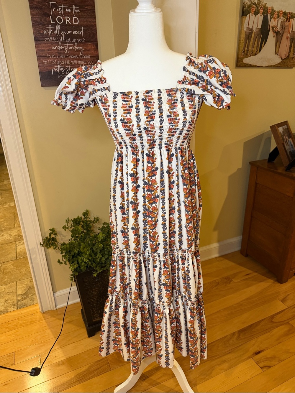 O.P.T. Smocked Puff-Sleeve Maxi Dress in White with Orange Floral Stripe
